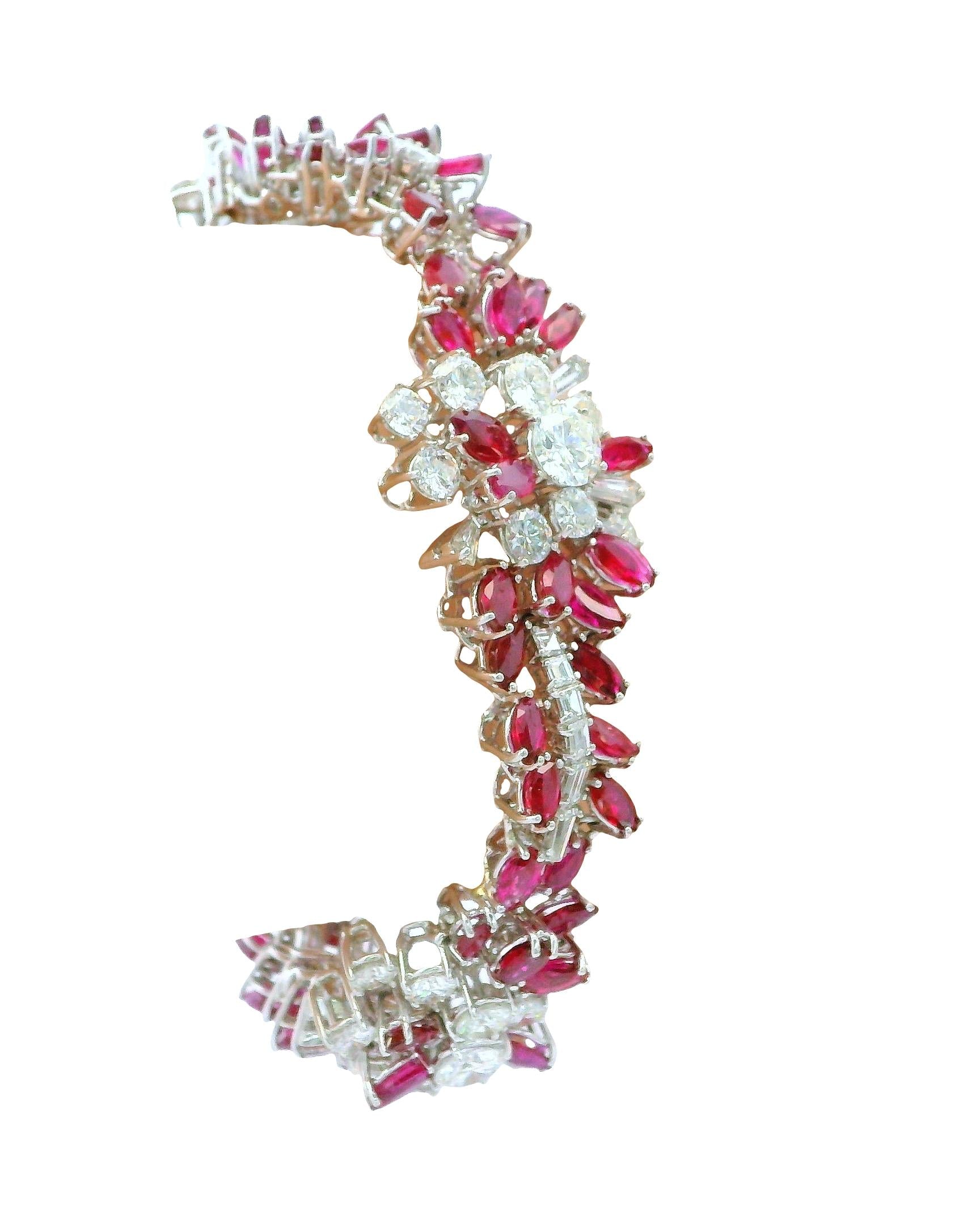 18K White Gold & 14ct Diamond and 19ct Rubies Midcentury Bracelet