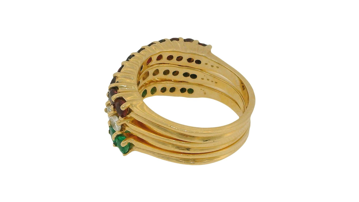 Stacked Three Curved Rings Ruby, Emerald & Diamond in 14K Yellow Gold