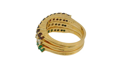 Stacked Three Curved Rings Ruby, Emerald & Diamond in 14K Yellow Gold