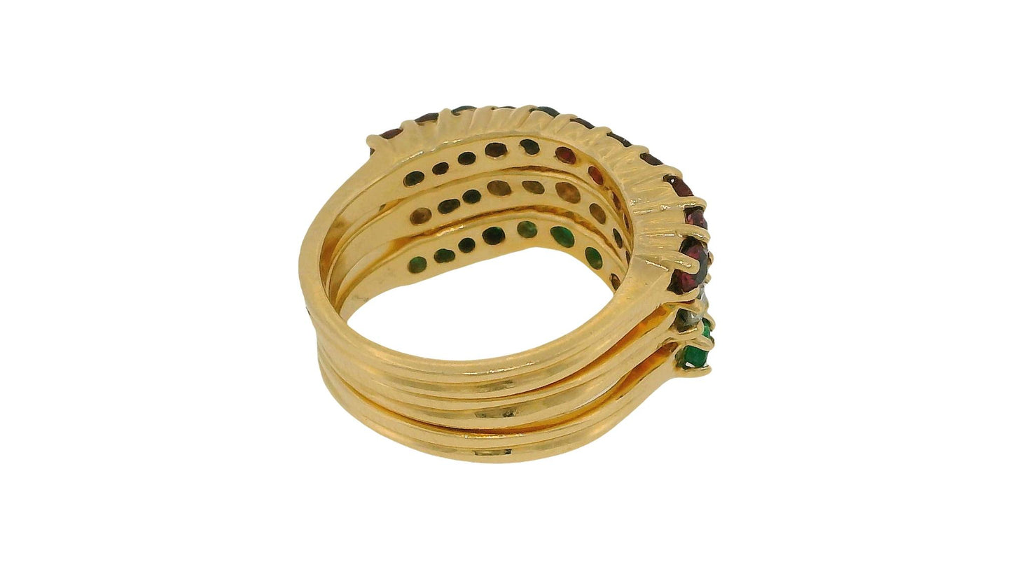 Stacked Three Curved Rings Ruby, Emerald & Diamond in 14K Yellow Gold