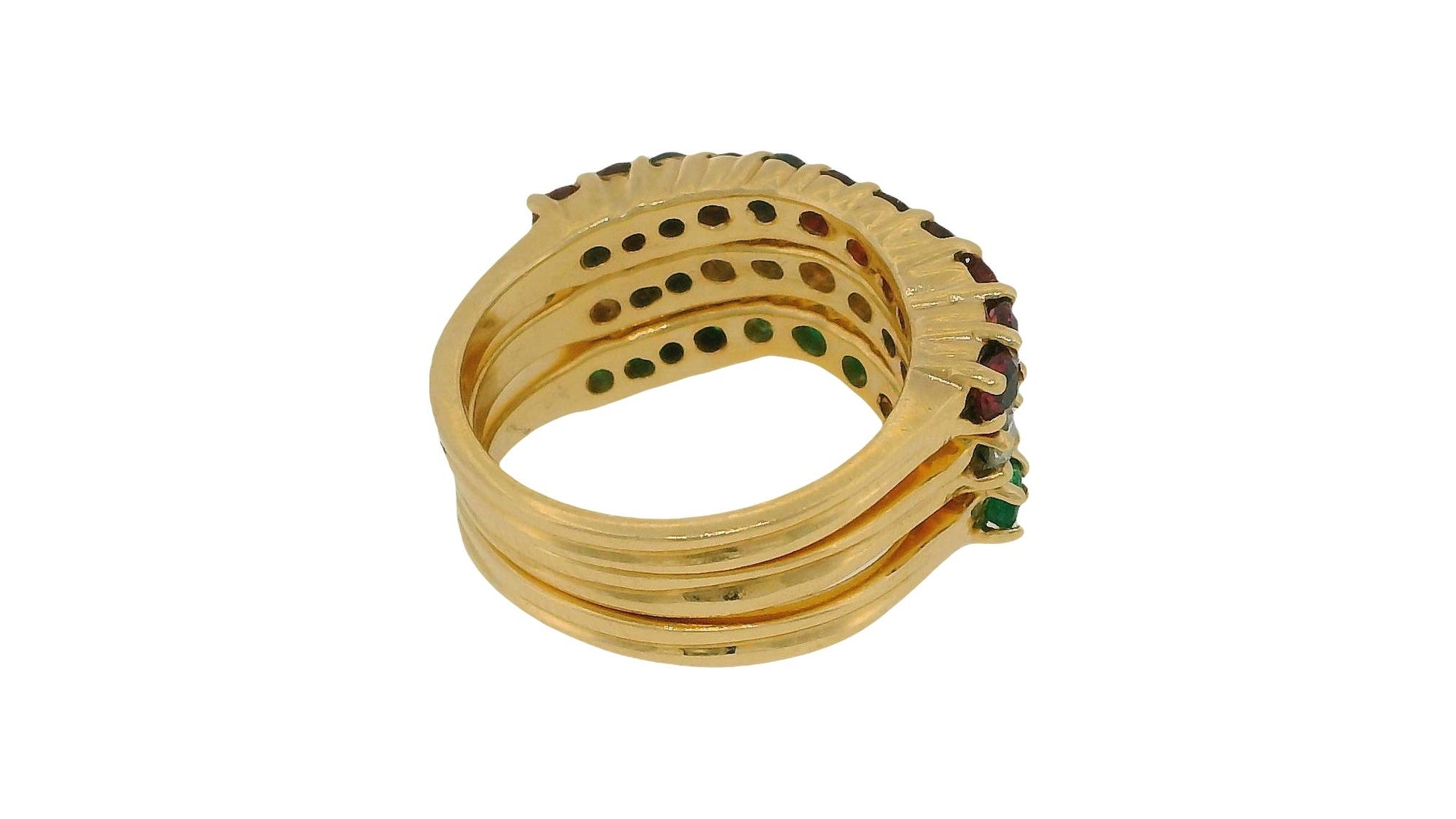 Stacked Three Curved Rings Ruby, Emerald & Diamond in 14K Yellow Gold