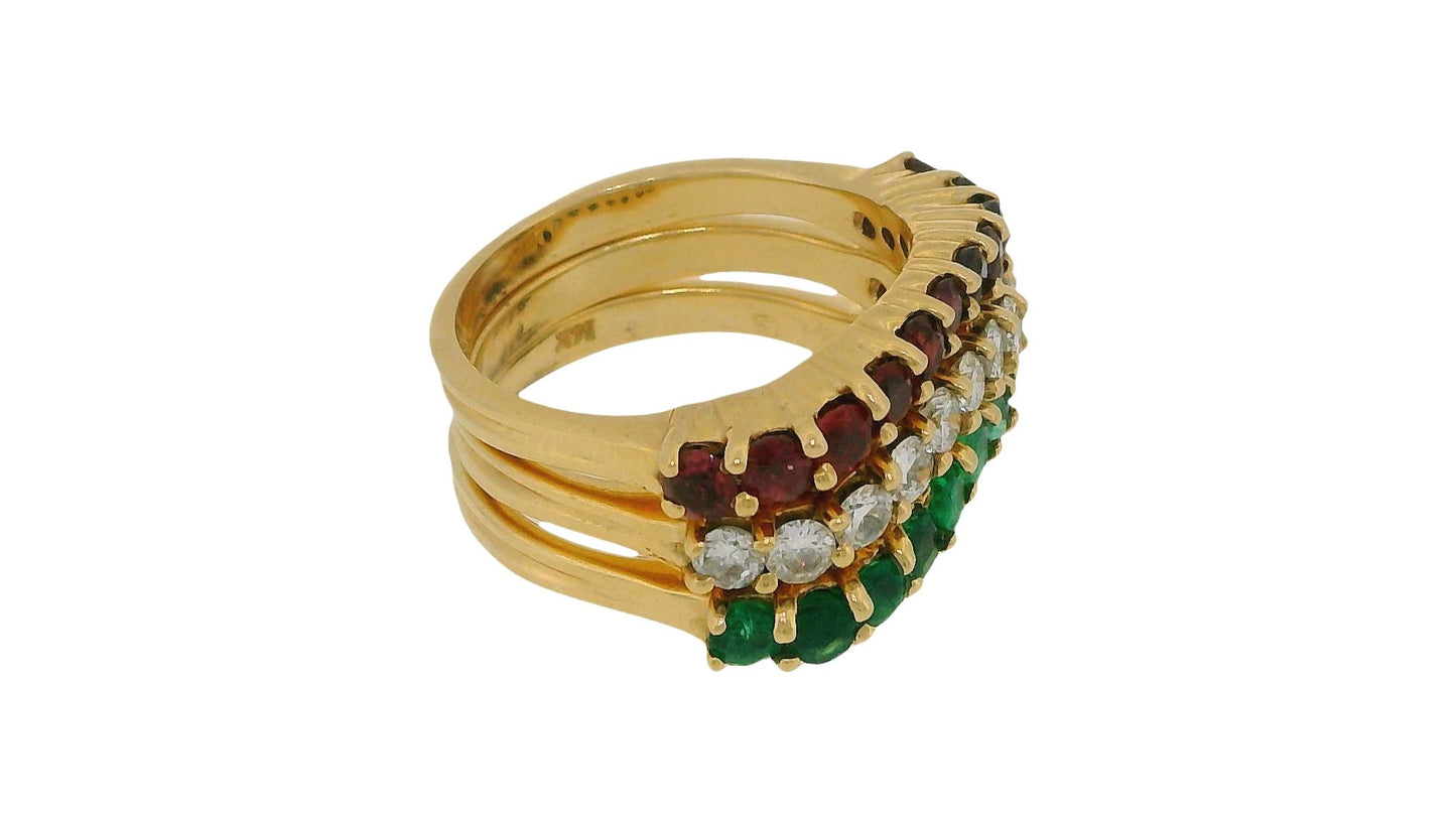Stacked Three Curved Rings Ruby, Emerald & Diamond in 14K Yellow Gold