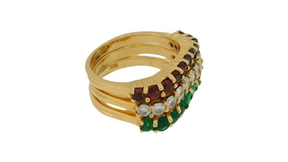 Stacked Three Curved Rings Ruby, Emerald & Diamond in 14K Yellow Gold