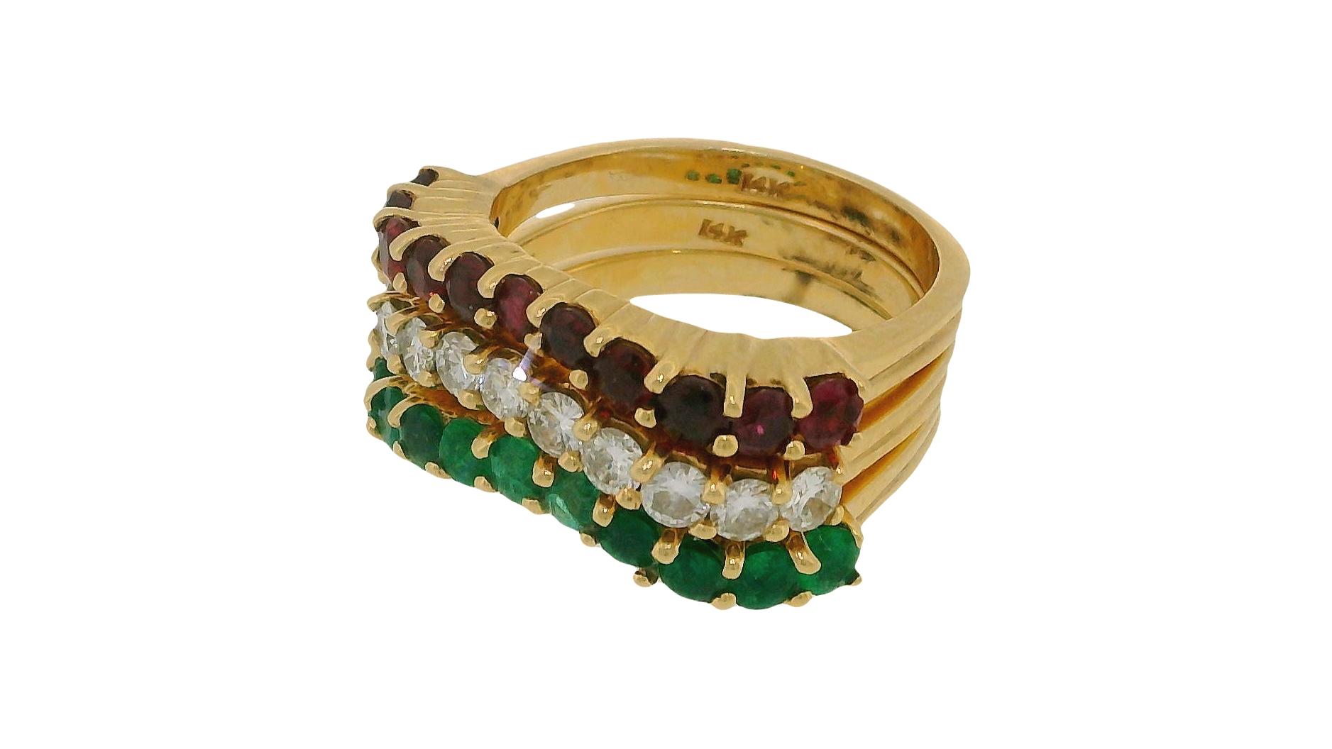 Stacked Three Curved Rings Ruby, Emerald & Diamond in 14K Yellow Gold