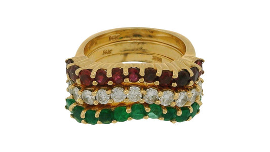 Stacked Three Curved Rings Ruby, Emerald & Diamond in 14K Yellow Gold