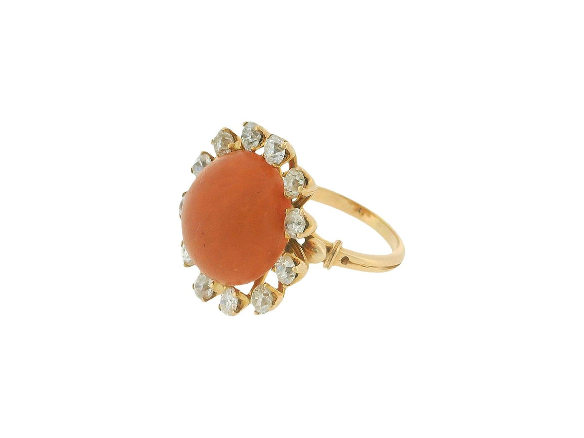 18K Yellow Gold Coral Diamond Ring