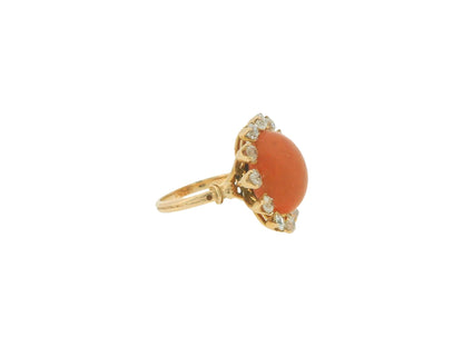 18K Yellow Gold Coral Diamond Ring