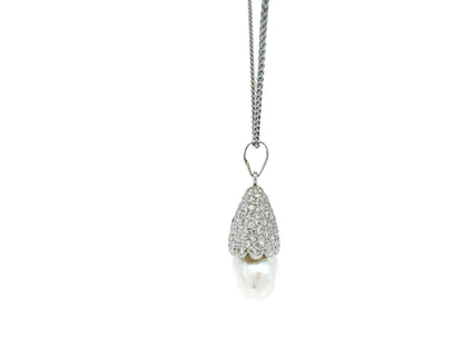 Pave Pearl Drop Pendant Necklace in 18k and 14k White Gold