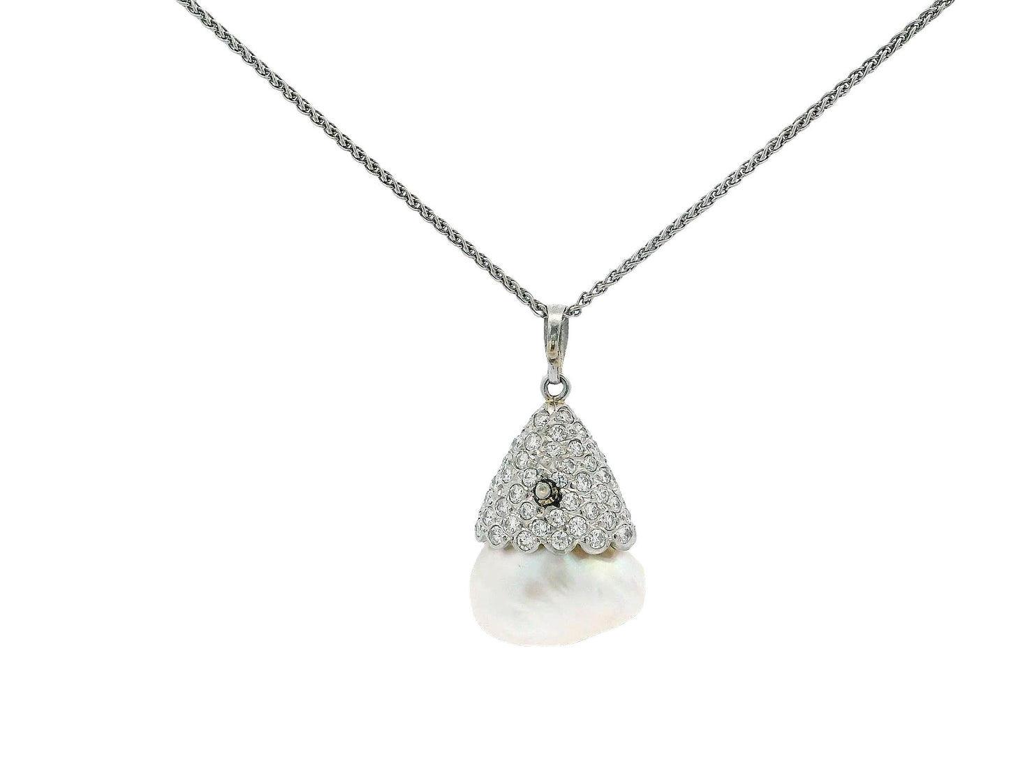 Pave Pearl Drop Pendant Necklace in 18k and 14k White Gold