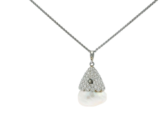 Pave Pearl Drop Pendant Necklace in 18k and 14k White Gold
