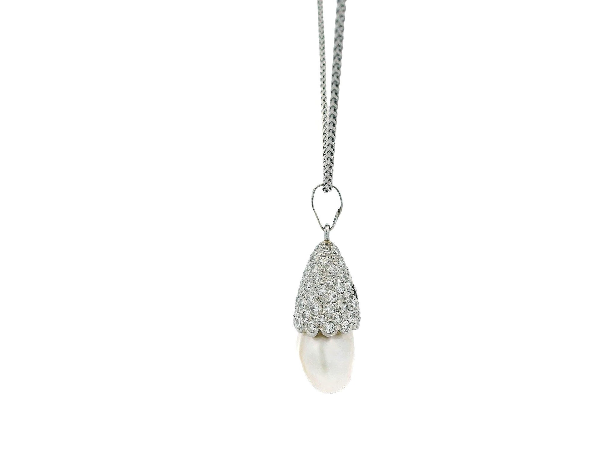 Pave Pearl Drop Pendant Necklace in 18k and 14k White Gold