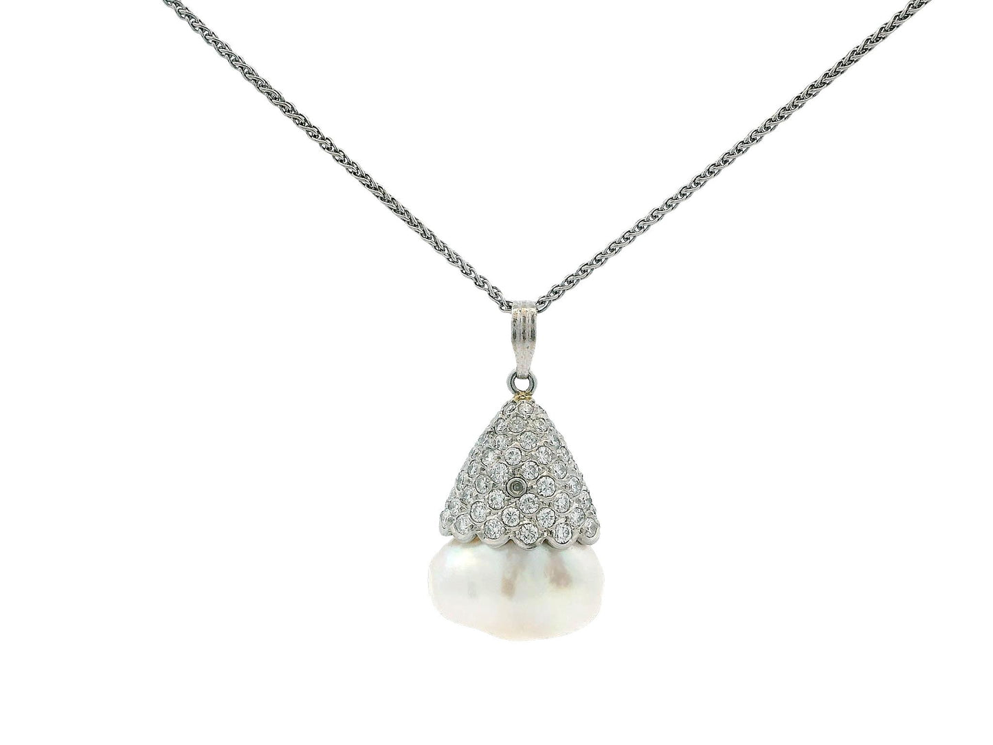 Pave Pearl Drop Pendant Necklace in 18k and 14k White Gold