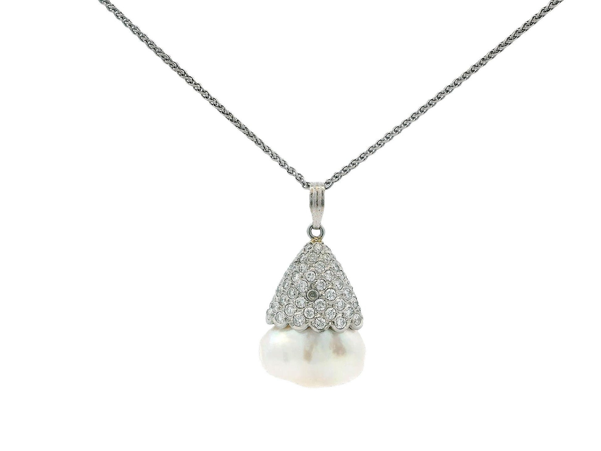 Pave Pearl Drop Pendant Necklace in 18k and 14k White Gold