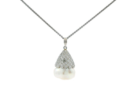 Pave Pearl Drop Pendant Necklace in 18k and 14k White Gold