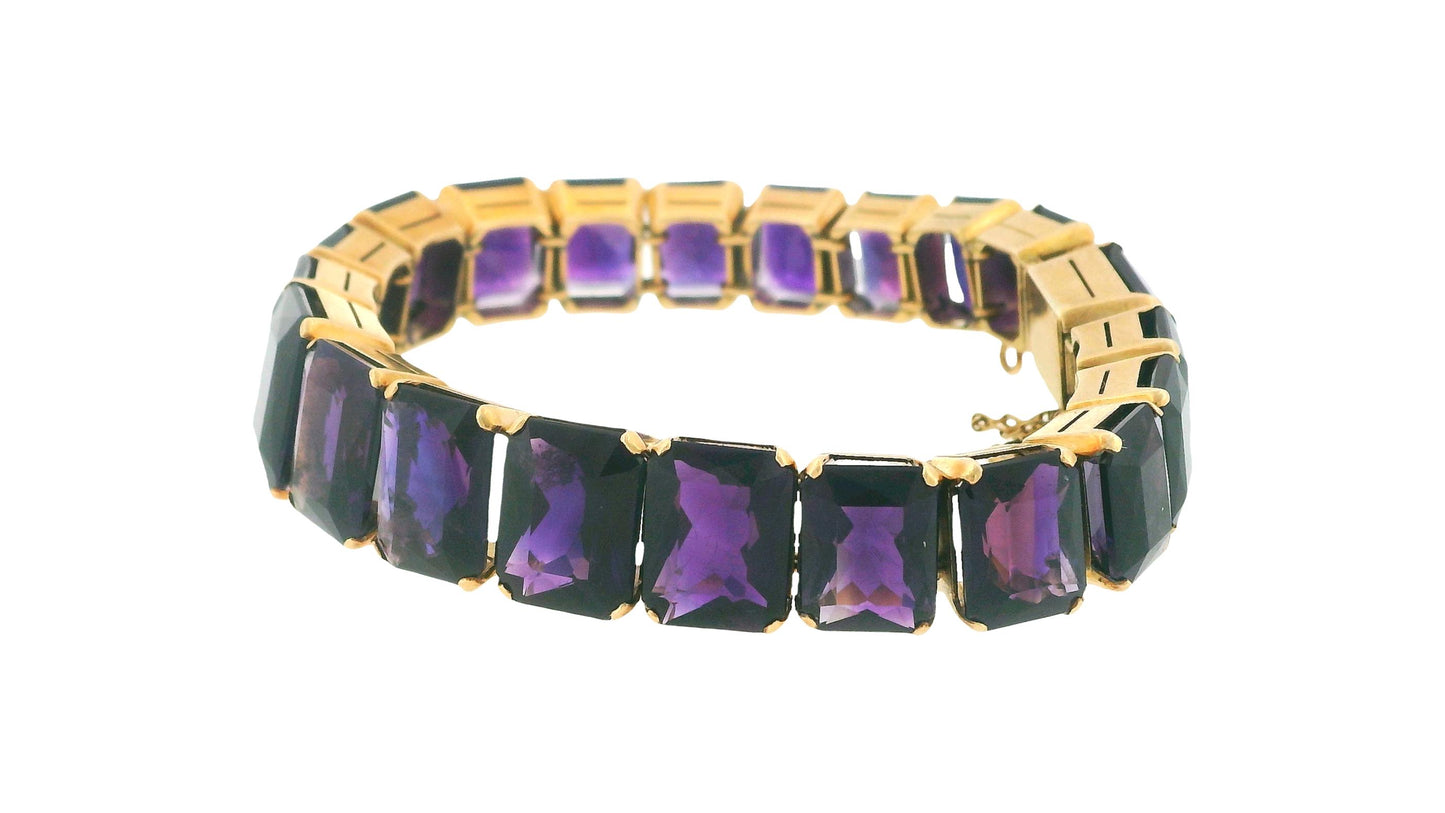 14K Yellow Gold & Tapered Emerald Cut Amethyst Line Bracelet W/GIA Certificate