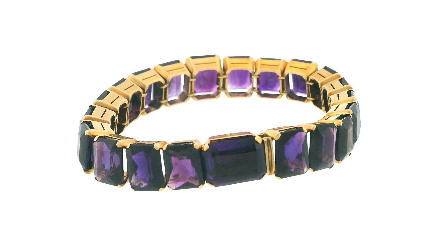 14K Yellow Gold & Tapered Emerald Cut Amethyst Line Bracelet W/GIA Certificate