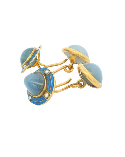 Two Cabochon Star sapphire &  Chalcedonies 14K Yellow Gold Cufflinks