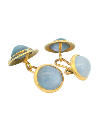 Two Cabochon Star sapphire &  Chalcedonies 14K Yellow Gold Cufflinks