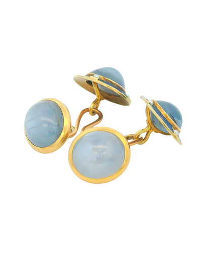 Two Cabochon Star sapphire &  Chalcedonies 14K Yellow Gold Cufflinks