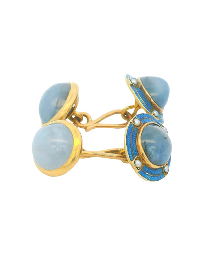Two Cabochon Star sapphire &  Chalcedonies 14K Yellow Gold Cufflinks