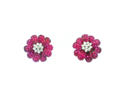 18K White Gold Floral Rubies & Diamond Clip On Earrings.