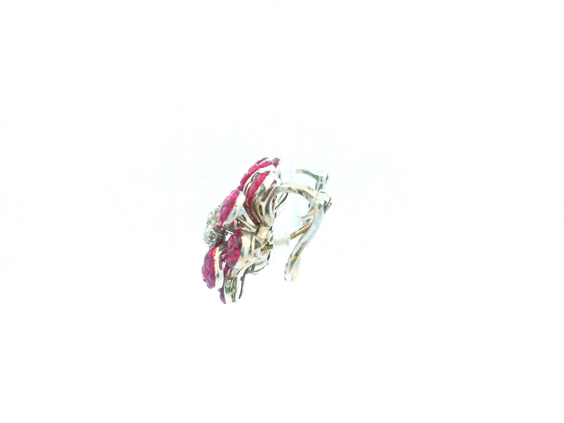 18K White Gold Floral Rubies & Diamond Clip On Earrings.