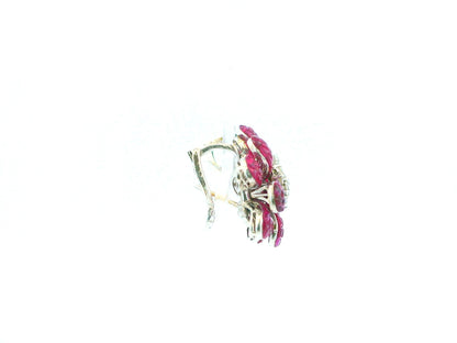 18K White Gold Floral Rubies & Diamond Clip On Earrings.