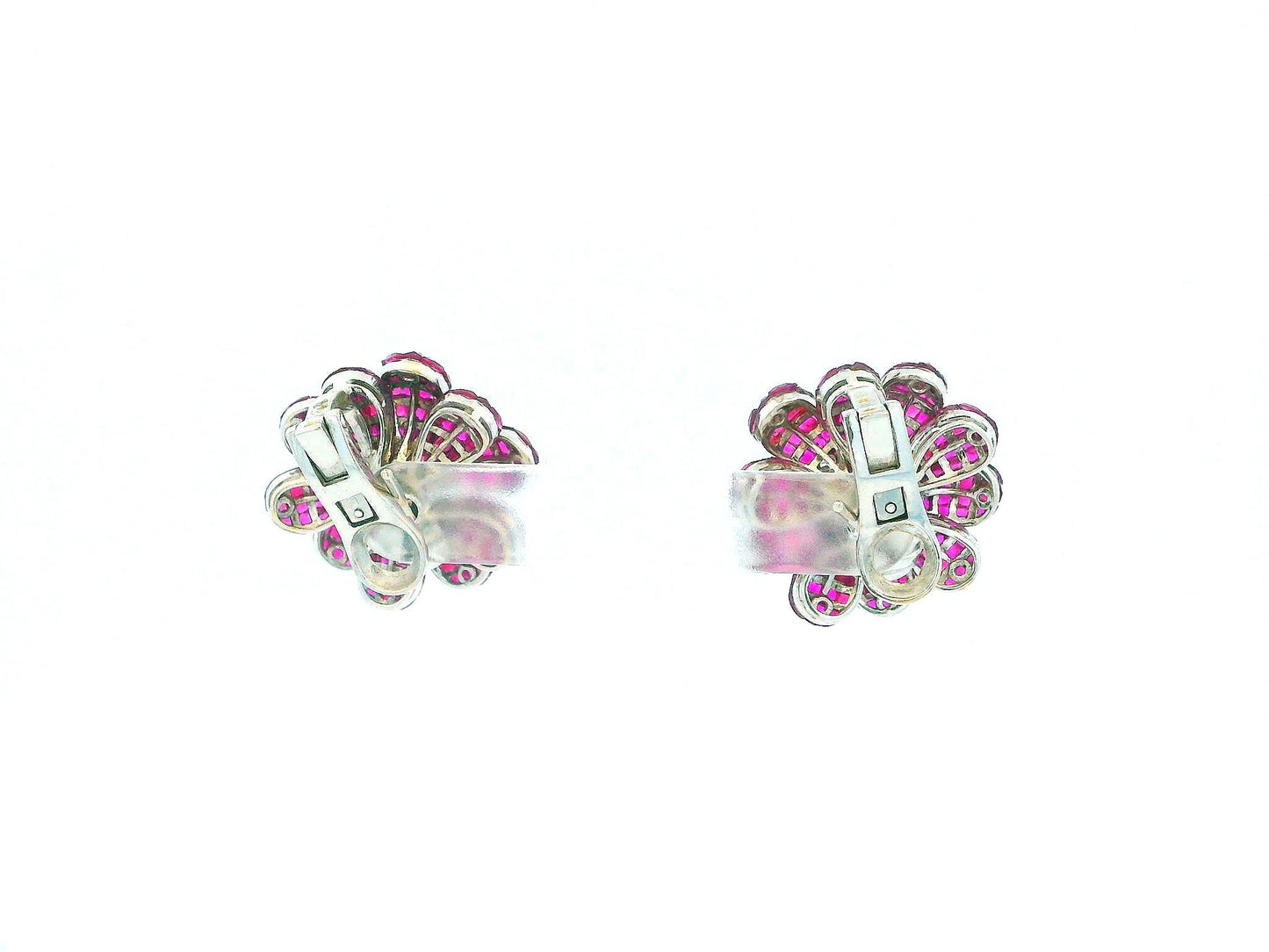 18K White Gold Floral Rubies & Diamond Clip On Earrings.