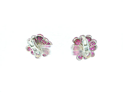 18K White Gold Floral Rubies & Diamond Clip On Earrings.