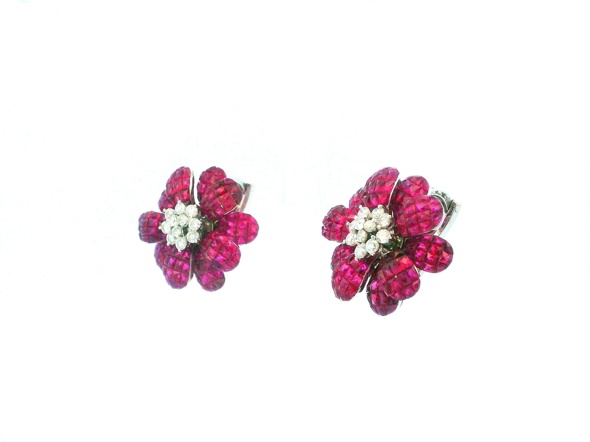 18K White Gold Floral Rubies & Diamond Clip On Earrings.