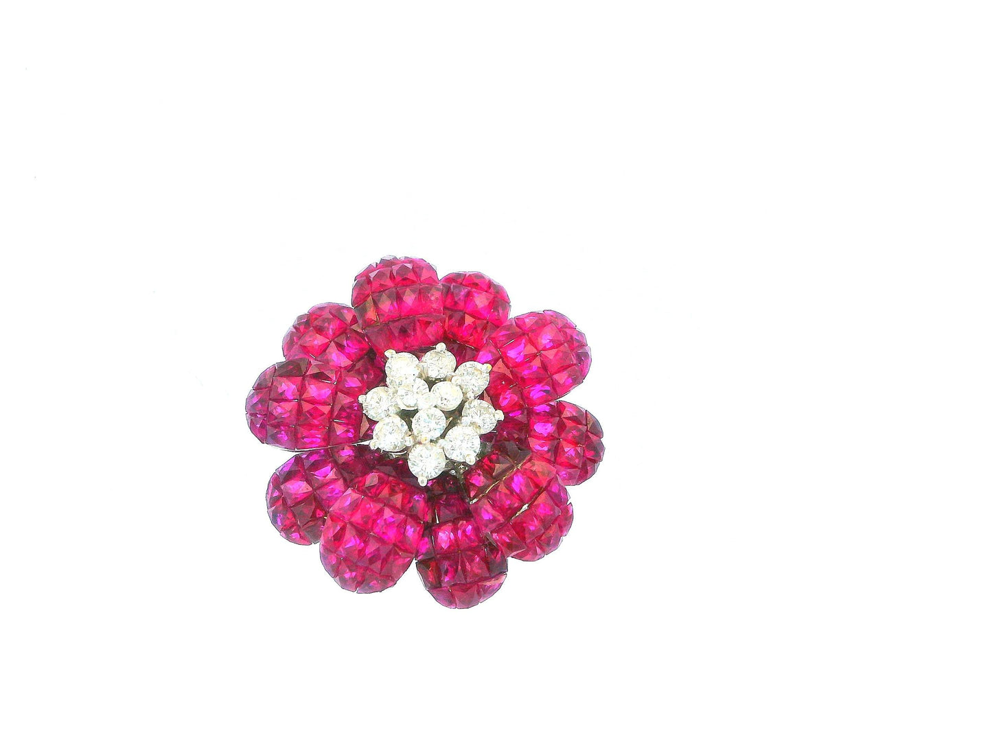 18K White Gold Floral Rubies & Diamond Clip On Earrings.