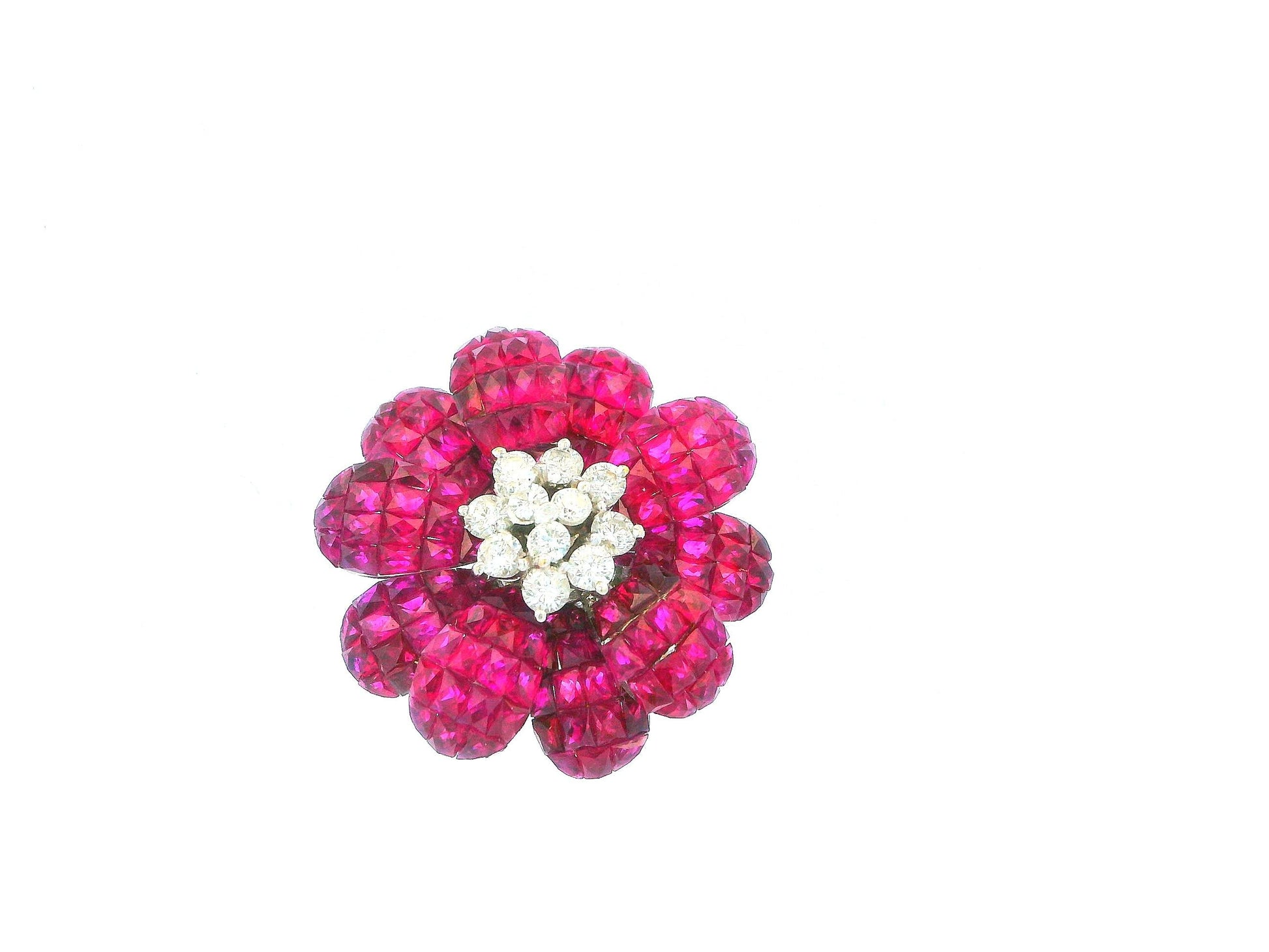 18K White Gold Floral Rubies & Diamond Clip On Earrings.