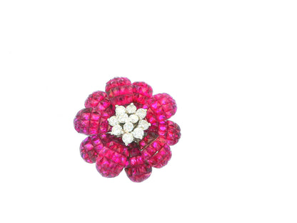 18K White Gold Floral Rubies & Diamond Clip On Earrings.
