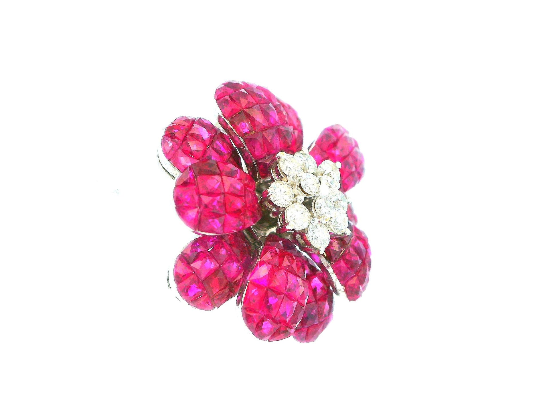 18K White Gold Floral Rubies & Diamond Clip On Earrings.