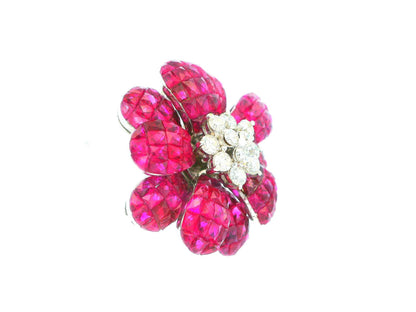 18K White Gold Floral Rubies & Diamond Clip On Earrings.