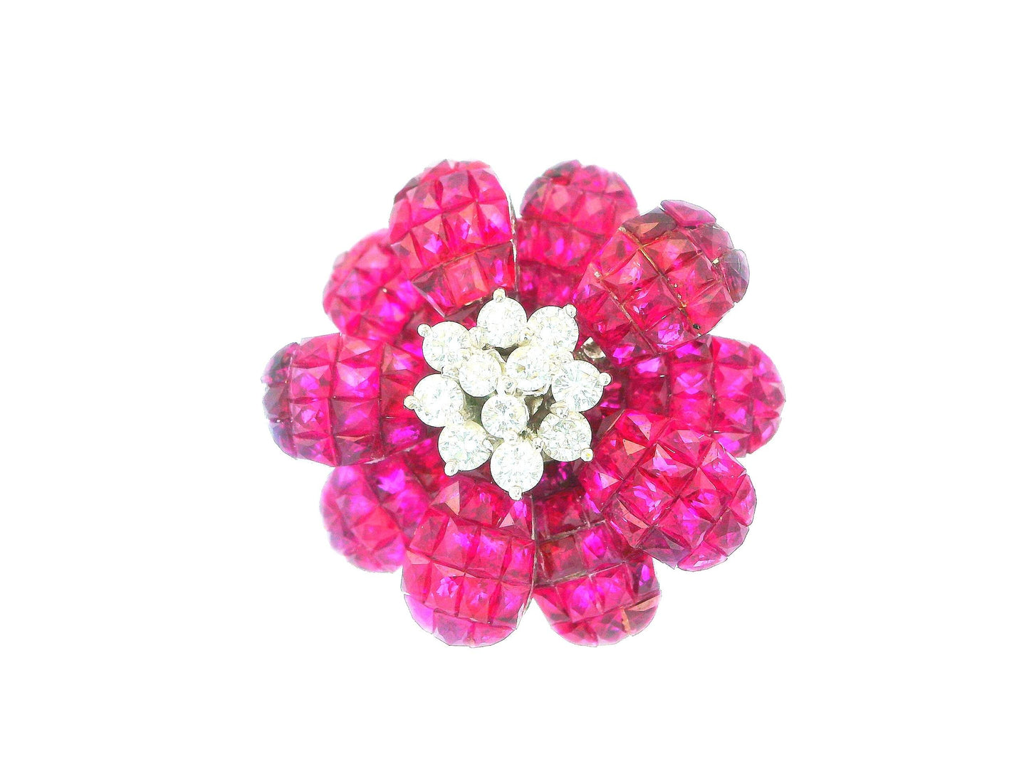 18K White Gold Floral Rubies & Diamond Clip On Earrings.