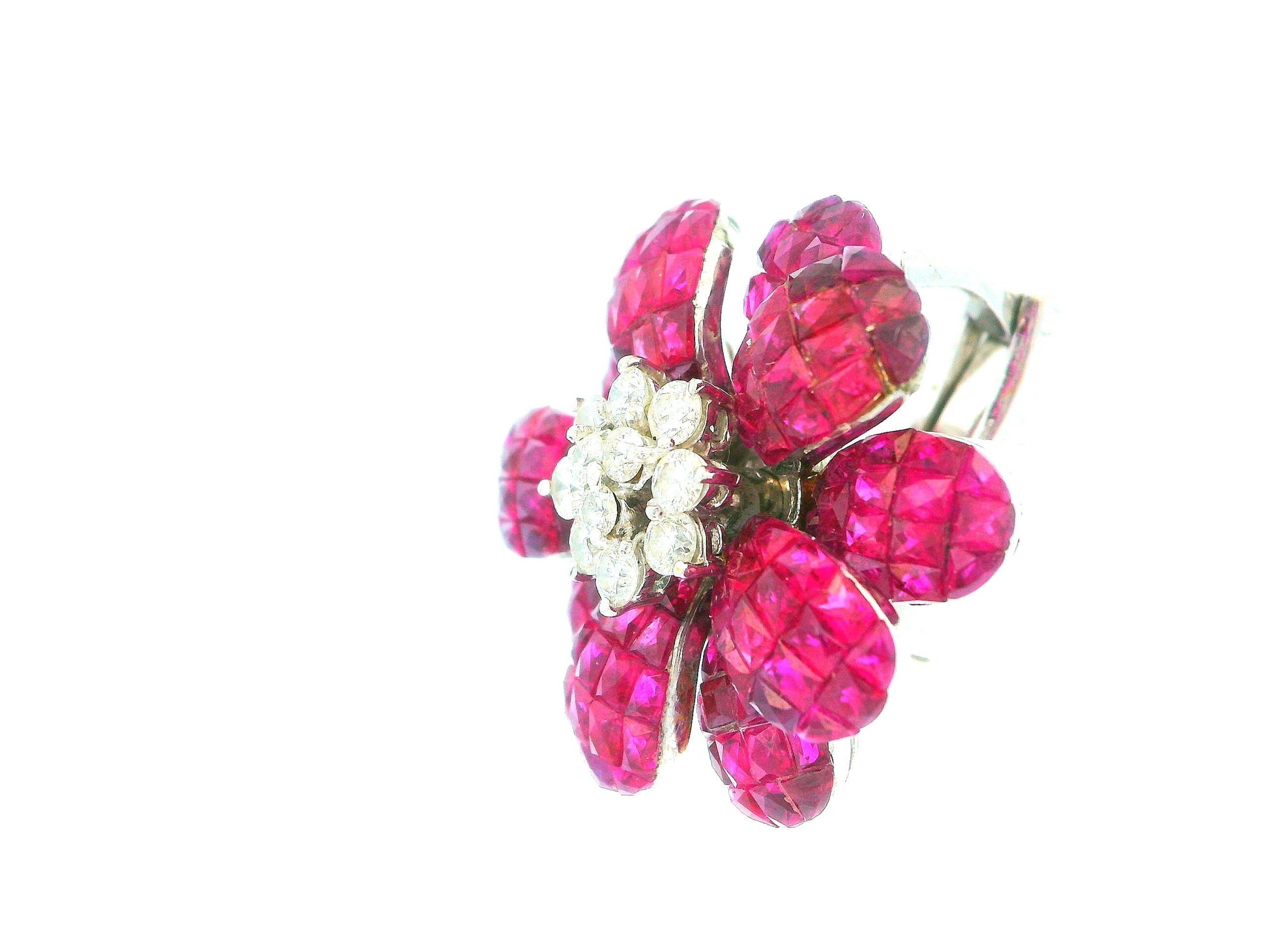 18K White Gold Floral Rubies & Diamond Clip On Earrings.