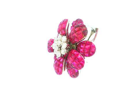 18K White Gold Floral Rubies & Diamond Clip On Earrings.