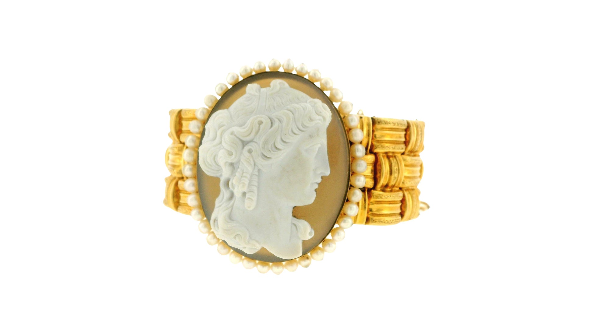 18K Gold Cameo with Pearls Border Woven Links Bracelet