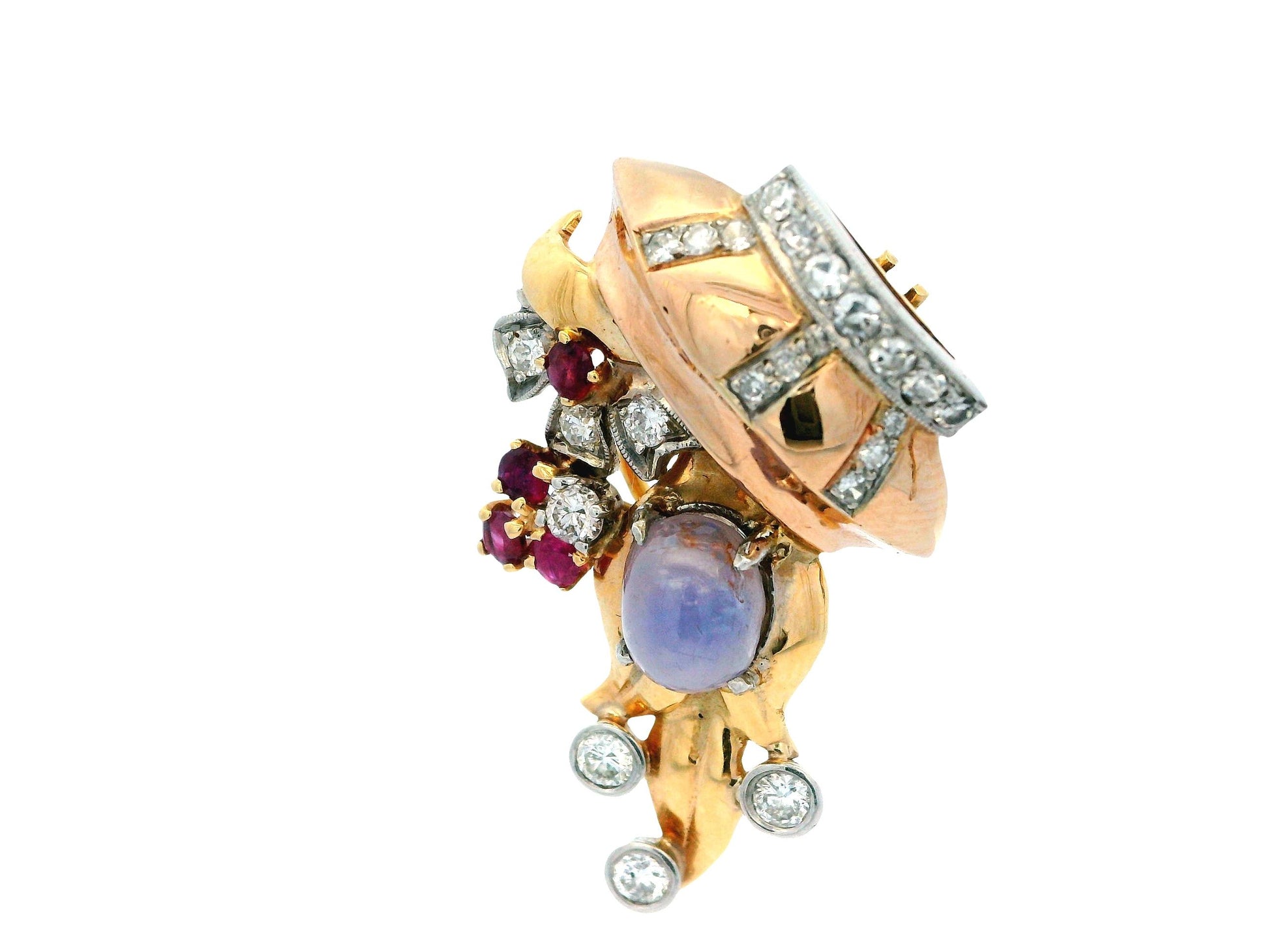 14K Rose Gold Retro Star Sapphire, Diamonds & Rubies Basket Form Earrings.