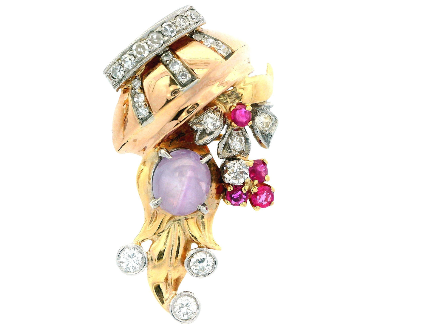 14K Rose Gold Retro Star Sapphire, Diamonds & Rubies Basket Form Earrings.