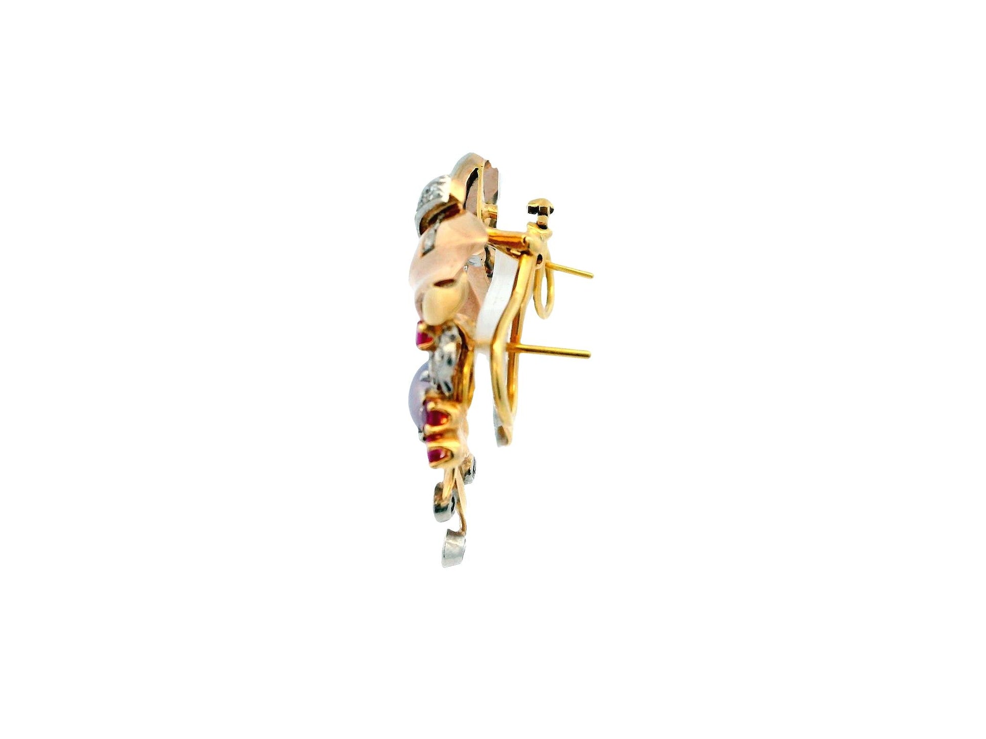14K Rose Gold Retro Star Sapphire, Diamonds & Rubies Basket Form Earrings.