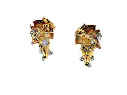 14K Rose Gold Retro Star Sapphire, Diamonds & Rubies Basket Form Earrings.