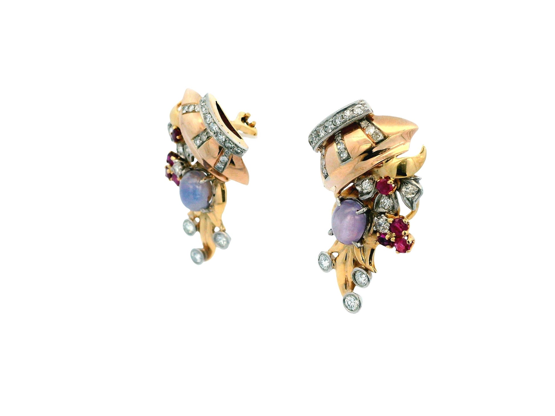 14K Rose Gold Retro Star Sapphire, Diamonds & Rubies Basket Form Earrings.