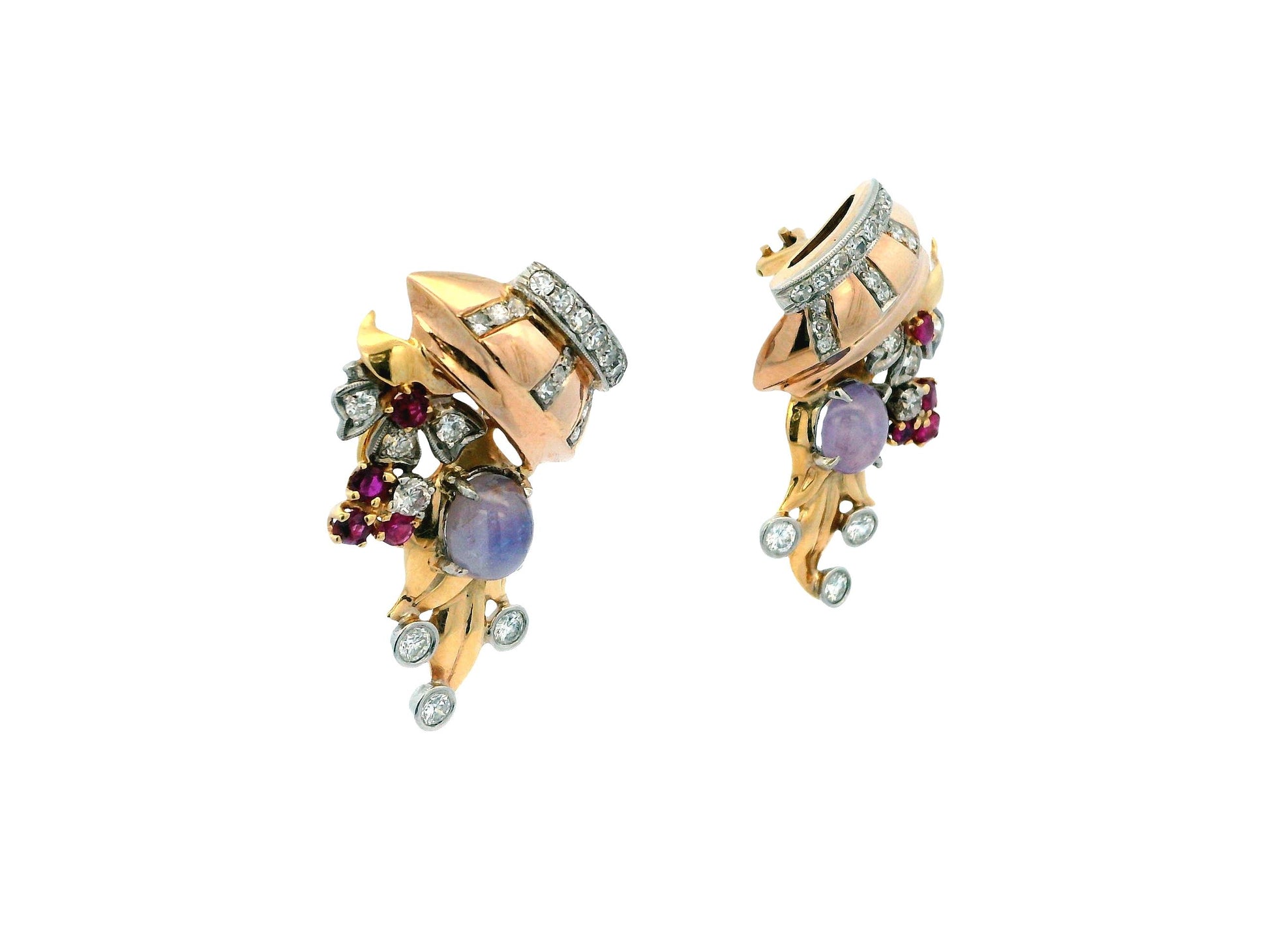 14K Rose Gold Retro Star Sapphire, Diamonds & Rubies Basket Form Earrings.