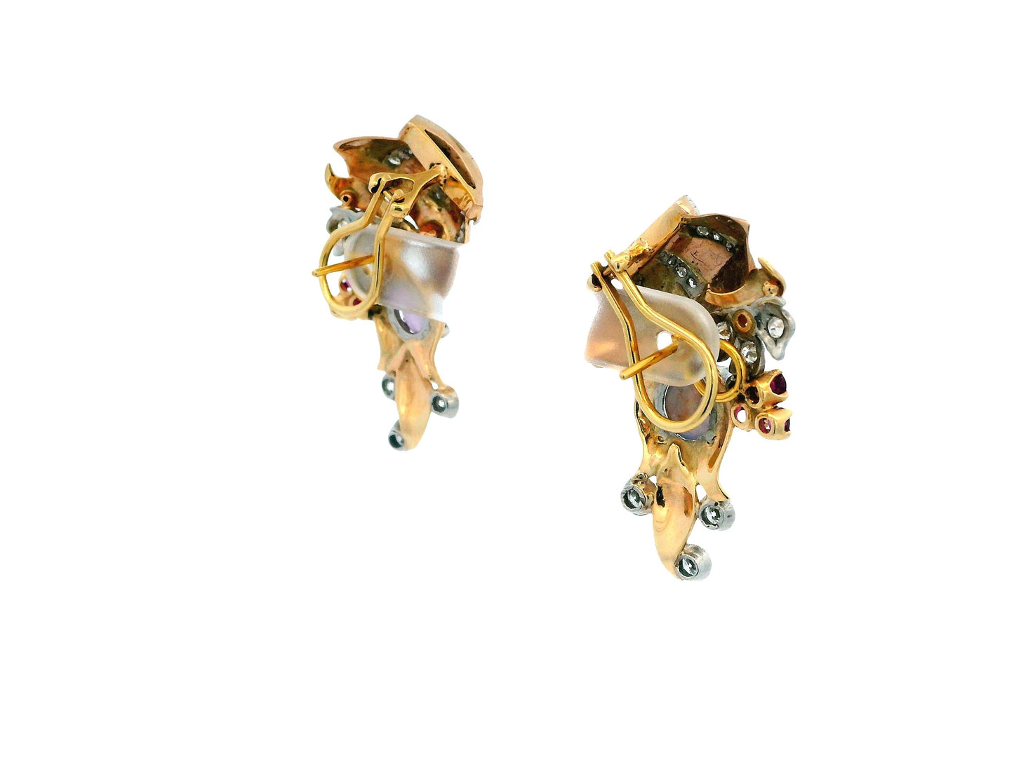 14K Rose Gold Retro Star Sapphire, Diamonds & Rubies Basket Form Earrings.