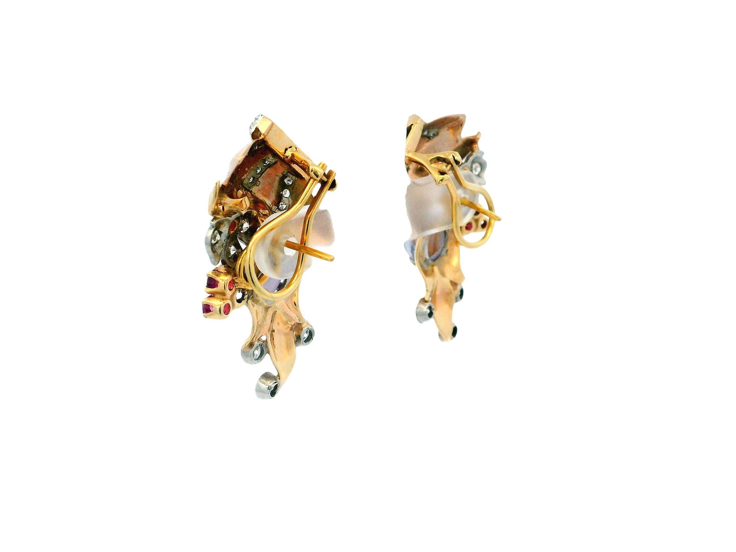 14K Rose Gold Retro Star Sapphire, Diamonds & Rubies Basket Form Earrings.
