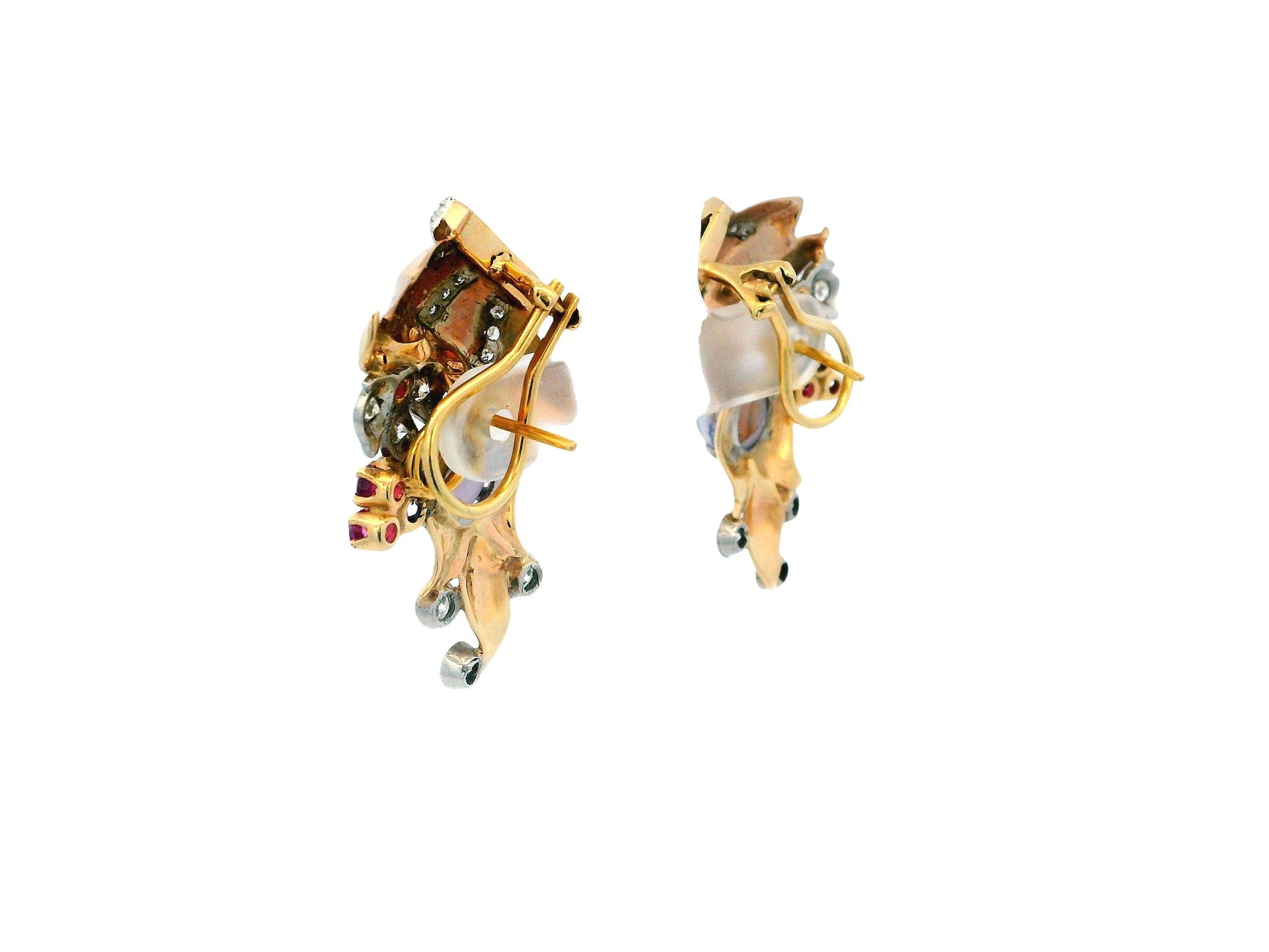 14K Rose Gold Retro Star Sapphire, Diamonds & Rubies Basket Form Earrings.