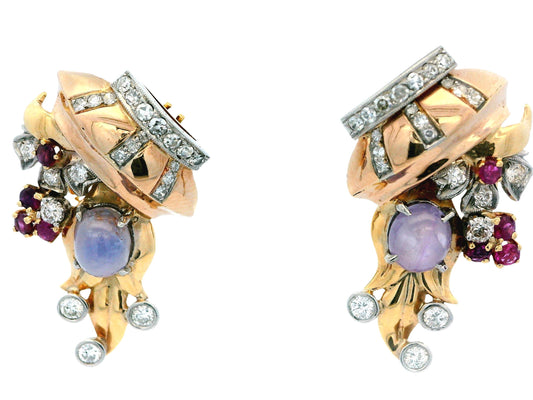 14K Rose Gold Retro Star Sapphire, Diamonds & Rubies Basket Form Earrings.