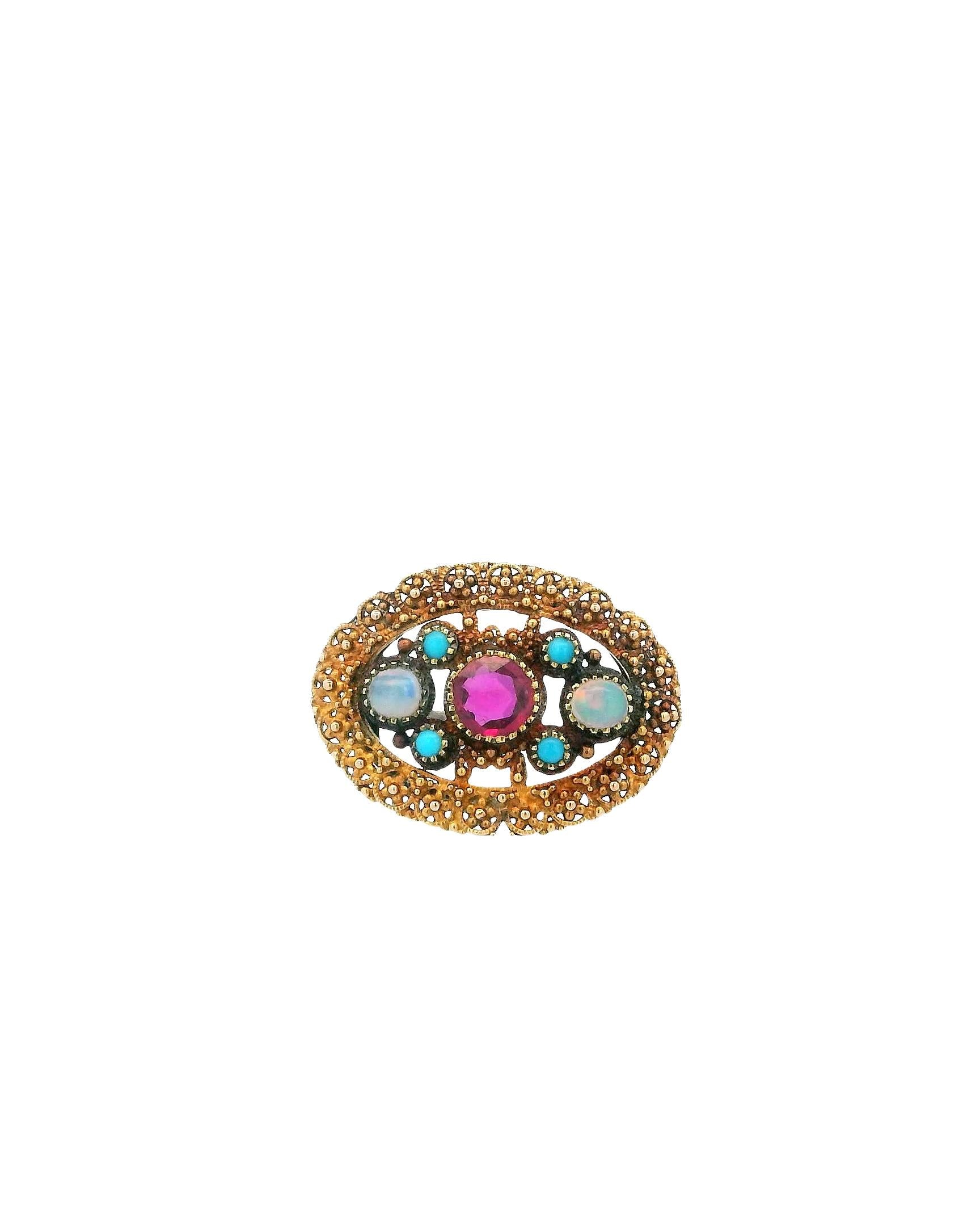 14K Gold Unheated Burma Ruby, Two Opal & Four Turquoise Brooch W/GIA Certificate